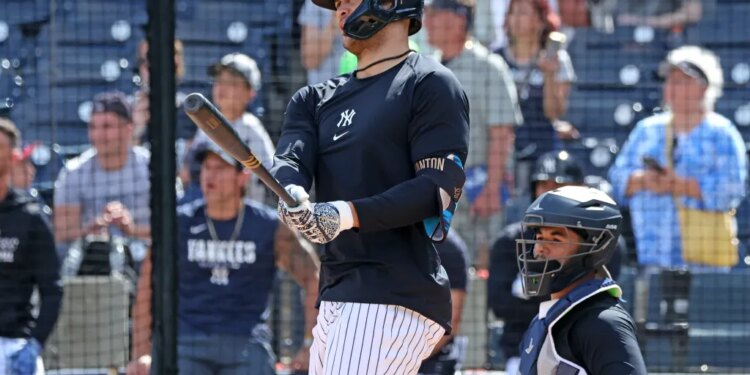 Giancarlo Stanton, taking batting practice earlier this week, hit a home off Osvaldo Bido during BP on Feb. 19, 2026.
