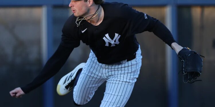 Yankees starter Cam Schlittler throws a pitch during a live batting practice on Feb. 25, 2026.
