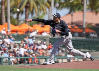 New York Yankees pitcher Elmer Rodríguez #76 throws a pitch during a game against the Baltimore Orioles.