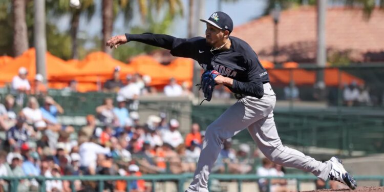 New York Yankees pitcher Elmer Rodríguez #76 throws a pitch during a game against the Baltimore Orioles.