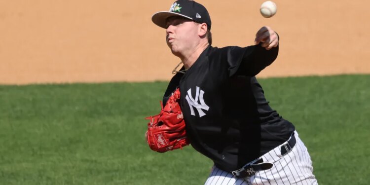 New York Yankees pitcher Ryan Weathers #40 pitching live batting practice.