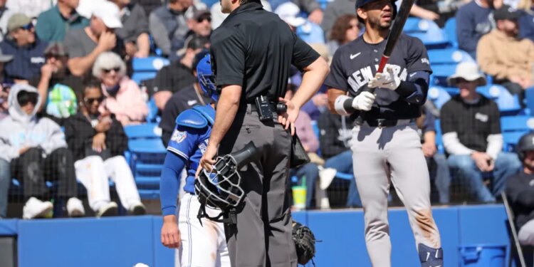 home plate umpire Tom Fornarola makes an announcement as New York Yankees shortstop José Caballero #72, challenged the call which was overturned