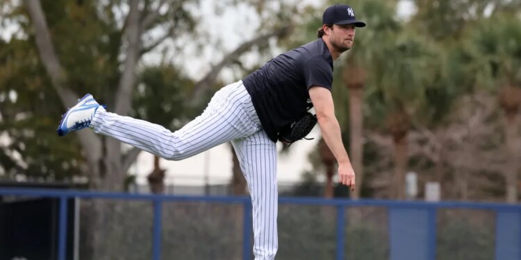 Gerrit Cole pitching during spring training at Steinbrenner Field.