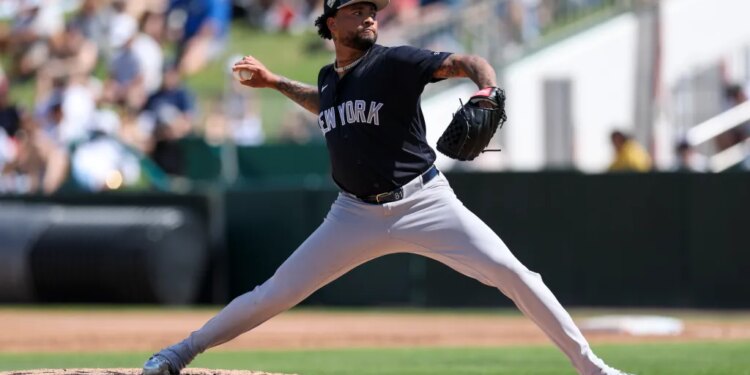 New York Yankees pitcher Luis Gil (81) throws a pitch.