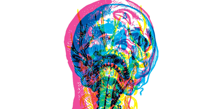 Cover of Mandy, Indiana’s URGH featuring multiple monochrome images of a skull and face superimposed on each other.