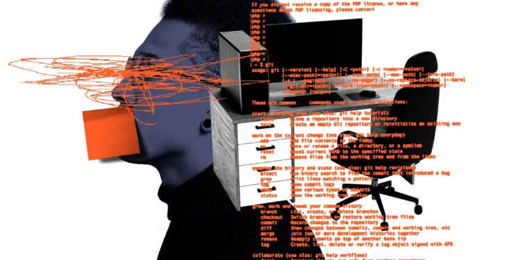 Worker in profile with a post-it note over their mouth next to an office desk with command line code overlayed.