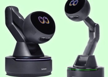 A robot arm with puppy dog eyes is one of Lenovo’s desktop AI concepts