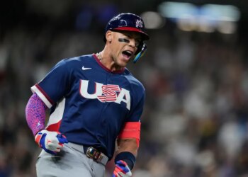 United States' Aaron Judge reacts after hitting a two-run home run during the first inning of a World Baseball Classic game against Brazil, Friday, March 6, 2026, in Houston.