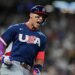 United States' Aaron Judge reacts after hitting a two-run home run during the first inning of a World Baseball Classic game against Brazil, Friday, March 6, 2026, in Houston.