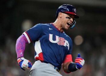 Aaron Judge runs the bases after hitting a two-run home run.