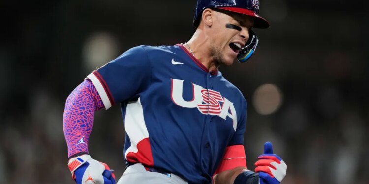 Aaron Judge runs the bases after hitting a two-run home run.