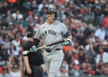 Aaron Judge of the New York Yankees reacts after striking out for the fourth time.
