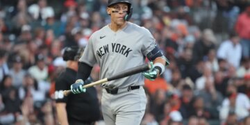 Aaron Judge of the New York Yankees reacts after striking out for the fourth time.