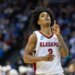 Alabama Crimson Tide guard Aden Holloway celebrates a 3-point basket.