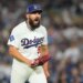 Los Angeles Dodgers relief pitcher Alex Vesia celebrates after the seventh inning.