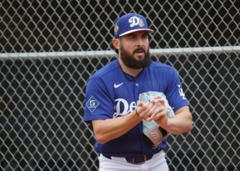Los Angeles Dodgers pitcher Alex Vesia in uniform at spring training.