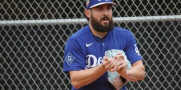 Los Angeles Dodgers pitcher Alex Vesia in uniform at spring training.