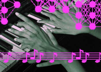 Messy AI generated hands playing a piano, overlayed with pixel art music notes.