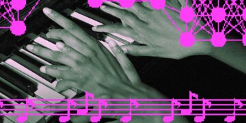 Messy AI generated hands playing a piano, overlayed with pixel art music notes.