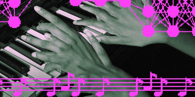 Messy AI generated hands playing a piano, overlayed with pixel art music notes.