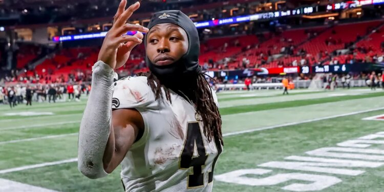 New Orleans Saints player Alvin Kamara in his uniform.