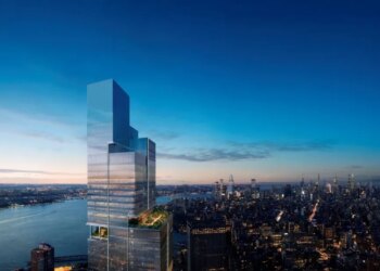 Illustration of the new American Express global headquarters in New York City with a view of the Manhattan skyline at dusk.