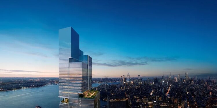 Illustration of the new American Express global headquarters in New York City with a view of the Manhattan skyline at dusk.