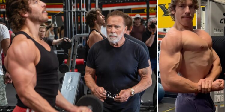 Arnold Schwarzenegger helps train love child at Gold's Gym in Venice