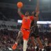 Auburn Tigers forward KeShawn Murphy (3) drives to the basket as Mississippi State Bulldogs guard Shawn Jones Jr. (5) defends during the first half.