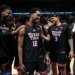 Texas Tech forward Donovan Atwell (12) celebrates with teammates after an NCAA college basketball game against Iowa State, Saturday, Feb. 28, 2026, in Ames, Iowa.
