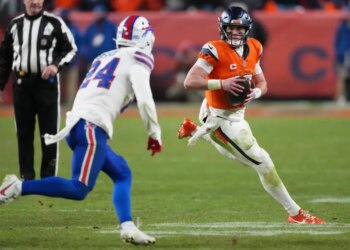 Bo Nix in action against the Bills during the playoffs in January 2026.