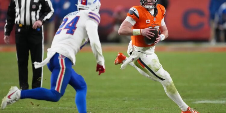 Bo Nix in action against the Bills during the playoffs in January 2026.