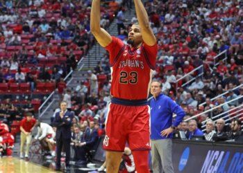 St. John's Red Storm Vs.Kansas Jayhawks at Viejas Arena for the NCAA Tournament: Forward Bryce Hopkins #23 of the St. John's Red Storm puts up a shot during the first half.

