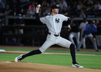 New York Yankees starting pitcher Cam Schlittler (31) throws a pitch during the first inning against the Tampa Bay Rays at George M. Steinbrenner Field.