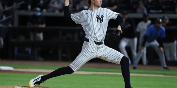 New York Yankees starting pitcher Cam Schlittler (31) throws a pitch during the first inning against the Tampa Bay Rays at George M. Steinbrenner Field.