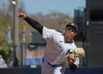 Hot prospect Carlos Legrange, pitching earlier in spring training, threw four scoreless innings in the Yankees' 1-0 spring training win over the Red Sox on March 18, 2026 at George M. Steinbrenner Field.
