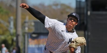 Hot prospect Carlos Legrange, pitching earlier in spring training, threw four scoreless innings in the Yankees' 1-0 spring training win over the Red Sox on March 18, 2026 at George M. Steinbrenner Field.