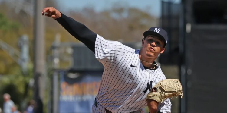 Hot prospect Carlos Legrange, pitching earlier in spring training, threw four scoreless innings in the Yankees' 1-0 spring training win over the Red Sox on March 18, 2026 at George M. Steinbrenner Field.