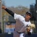 Hot prospect Carlos Legrange, pitching earlier in spring training, threw four scoreless innings in the Yankees' 1-0 spring training win over the Red Sox on March 18, 2026 at George M. Steinbrenner Field.