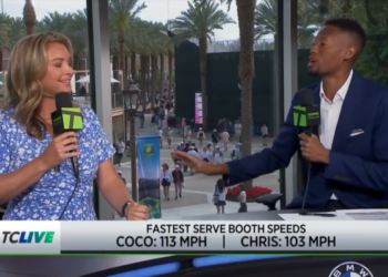 A blonde woman and a Black man broadcasting with microphones on TCLive, with an overlay showing "FASTEST SERVE BOOTH SPEEDS COCO: 113 MPH | CHRIS: 103 MPH".