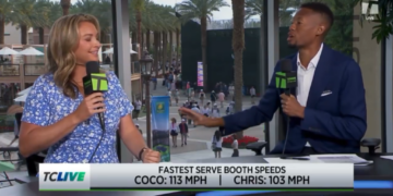 A blonde woman and a Black man broadcasting with microphones on TCLive, with an overlay showing "FASTEST SERVE BOOTH SPEEDS COCO: 113 MPH | CHRIS: 103 MPH".