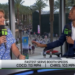 A blonde woman and a Black man broadcasting with microphones on TCLive, with an overlay showing "FASTEST SERVE BOOTH SPEEDS COCO: 113 MPH | CHRIS: 103 MPH".