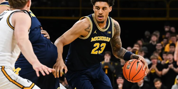 Mar 5, 2026; Iowa City, Iowa, USA; Michigan Wolverines forward Yaxel Lendeborg (23) controls the ball against the Iowa Hawkeyes during the first half at Carver-Hawkeye Arena. Mandatory Credit: Jeffrey Becker-Imagn Images
