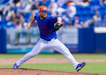 Mets pitcher Craig Kimbrel (46) throws in the fourth inning against the Washington Nationals during Spring Training Clover Field, Saturday, Feb. 28, 2026.