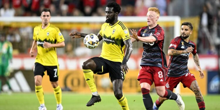 Columbus Crew midfielder Derrick Jones during a 2024 match against Toronto FC.