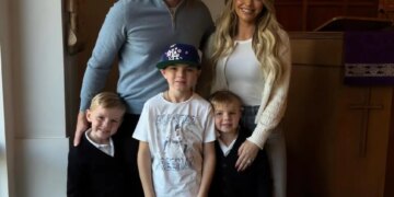 Freddie Freeman, his wife Chelsea, and their three sons pose for a family photo.