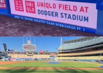 Collage of a baseball field with a Jumbotron showing "Uniqlo Field at Dodger Stadium" and the full field with "Uniqlo Field" written on the grass.