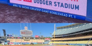 Collage of a baseball field with a Jumbotron showing "Uniqlo Field at Dodger Stadium" and the full field with "Uniqlo Field" written on the grass.