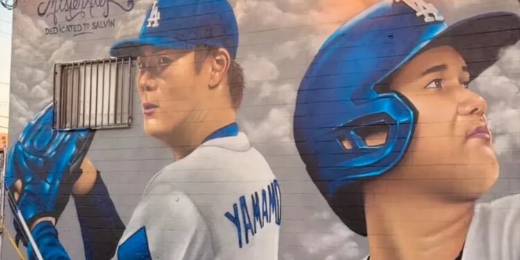 Mural of baseball players Yoshinobu Yamamoto and Shohei Ohtani.