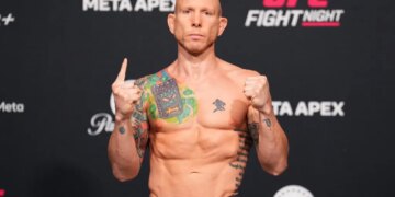 Josh Emmett poses on stage during the UFC Fight Night official weigh-ins at Meta APEX on March 13, 2026 in Las Vegas, Nevada.